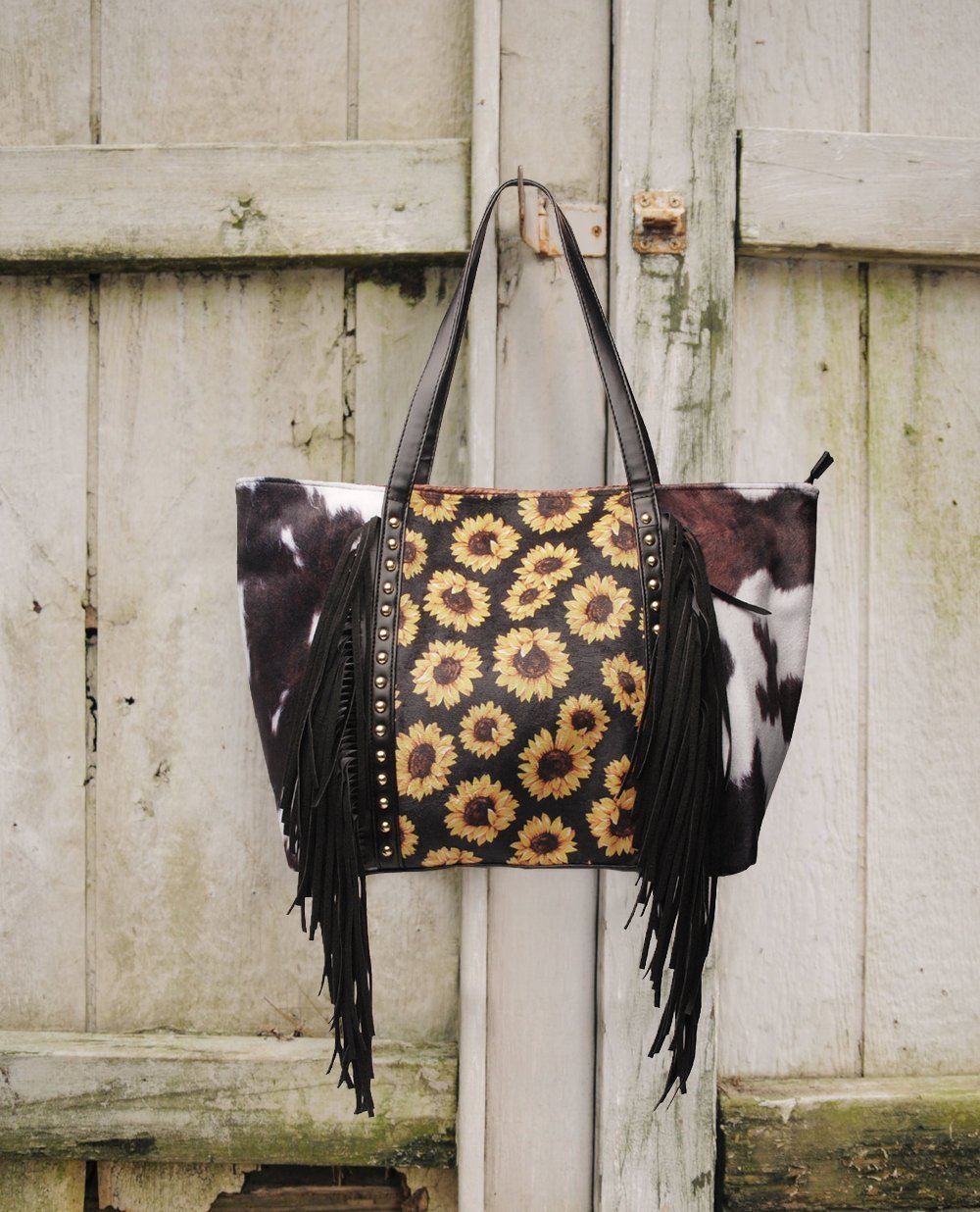 Leopard cow print sunflower sunflower tassel rivet PU super large capacity shoulder bag