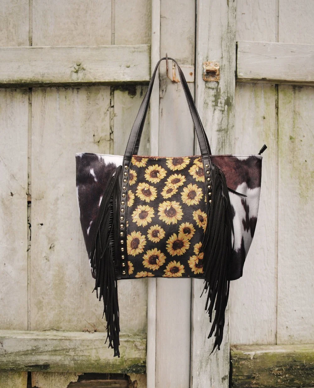 Leopard cow print sunflower sunflower tassel rivet PU super large capacity shoulder bag