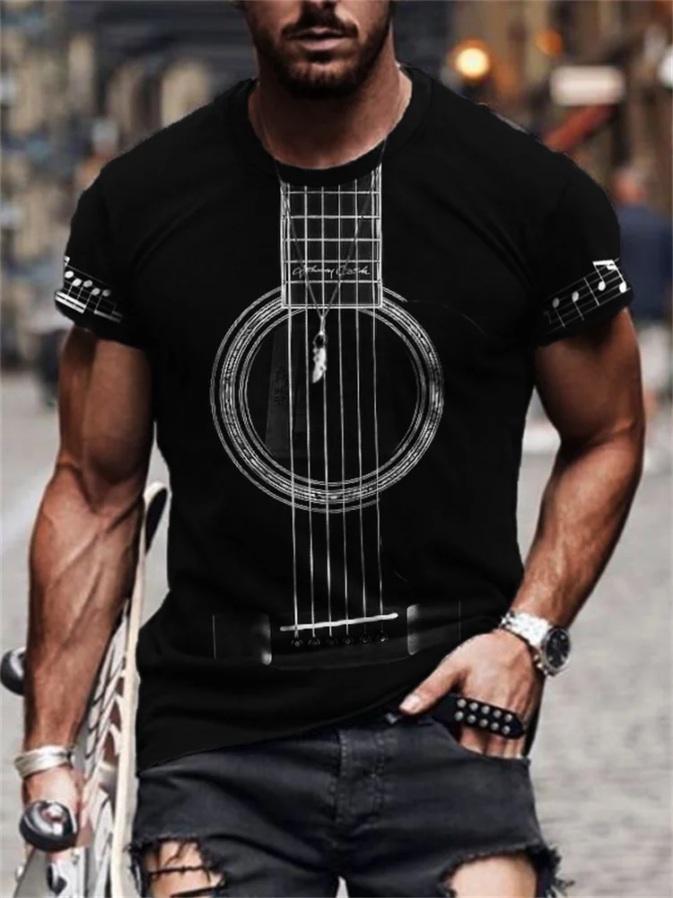 Comstylish Men's Guitar Inspired Music Notes Sleeve T Shirt