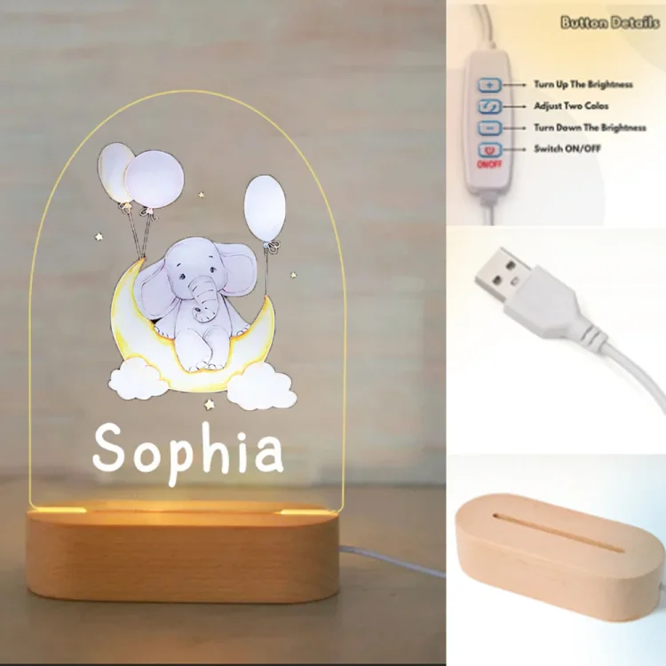 Personalized Moon Elephant Night Light Custom Name LED Lamp Baby Gift for Kids