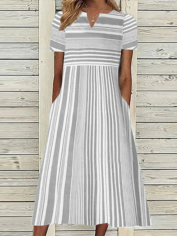Striped Pockets Short Sleeves Plus Size V-neck Midi Dresses
