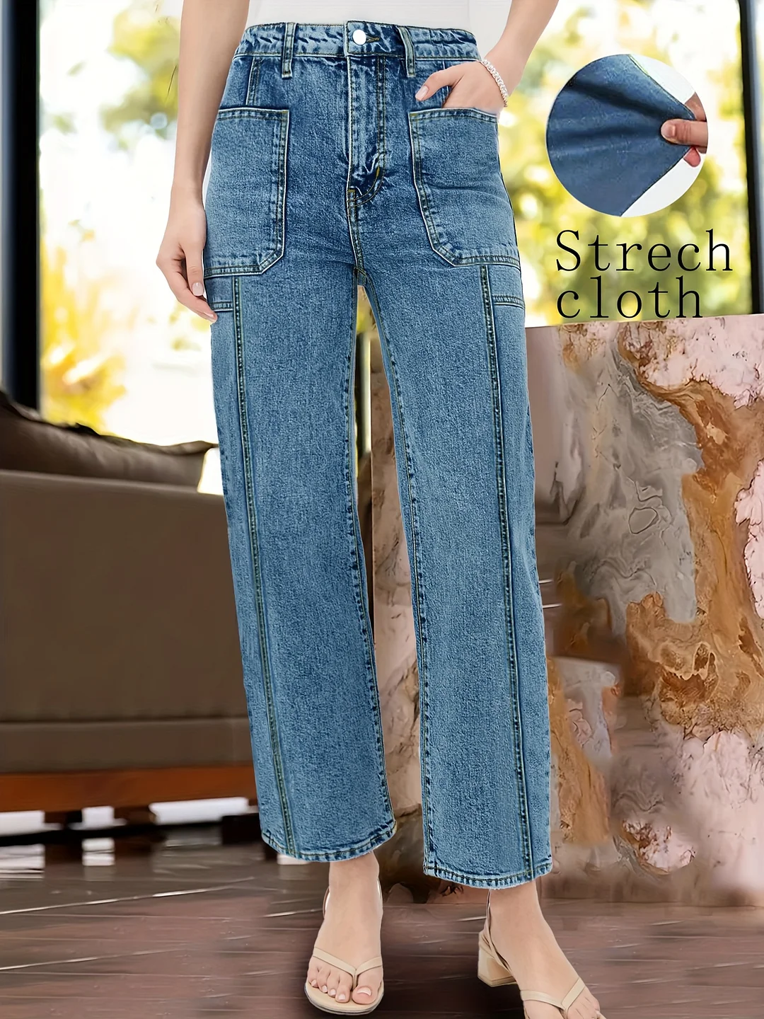 Retro Front-To-Back Patch High-Waist Stretch Casual Women's Nine-Inch Straight-Leg Jean | IFYHOME