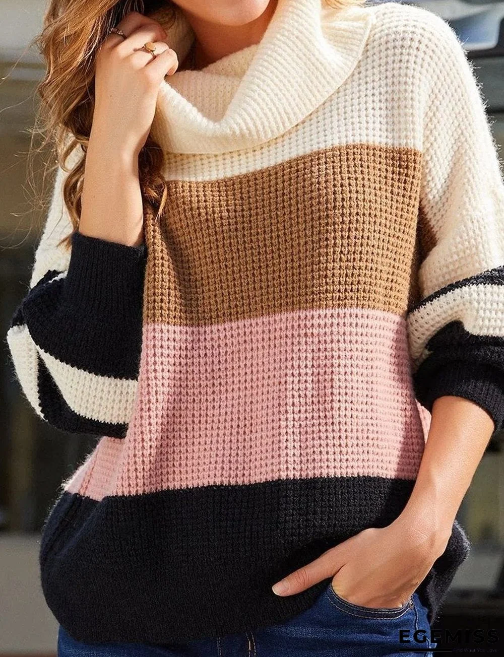 Casual Color Matching High Neck Long Sleeves Loose Sweater | EGEMISS