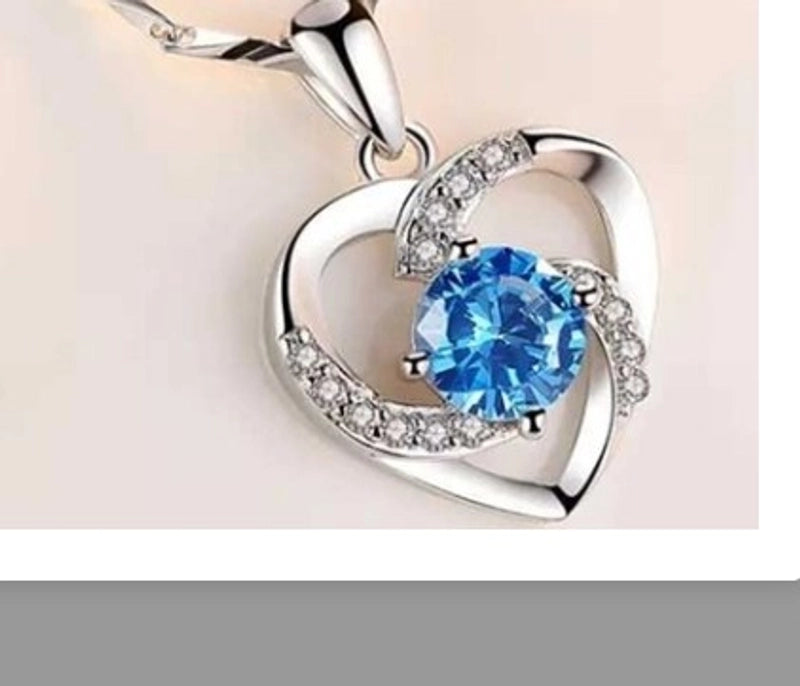 925 Sterling Silver Artificial Gemstones Box Chain Inlay Heart Shape Pendant Necklace