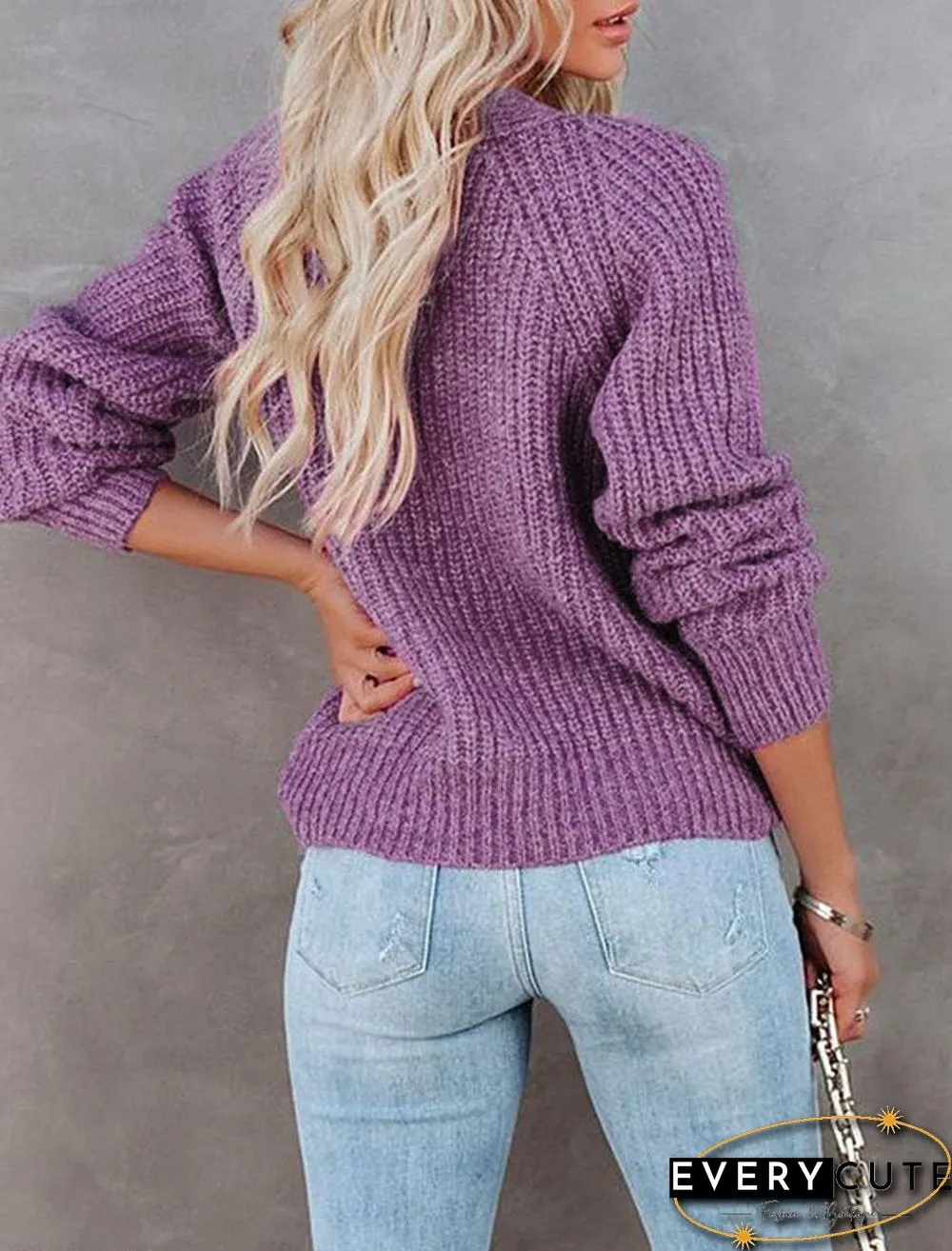 Solid Color V-neck Single-breasted Long-sleeved Knitted Cardigan