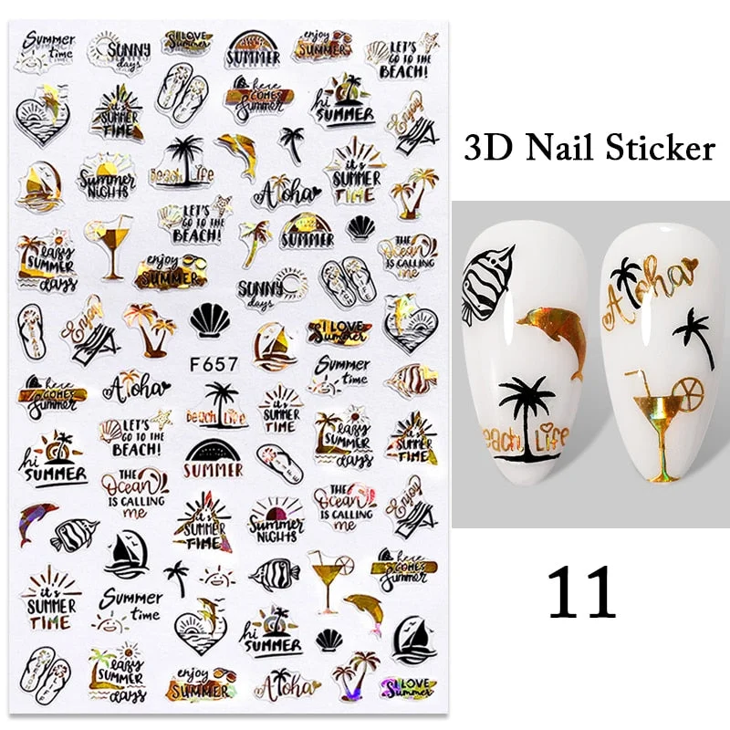 Summer Tropical Beach Coconut Tree Slippers 3D Nail Sticker Leaves Shell Transfer Decals Slider Decoration Manicures