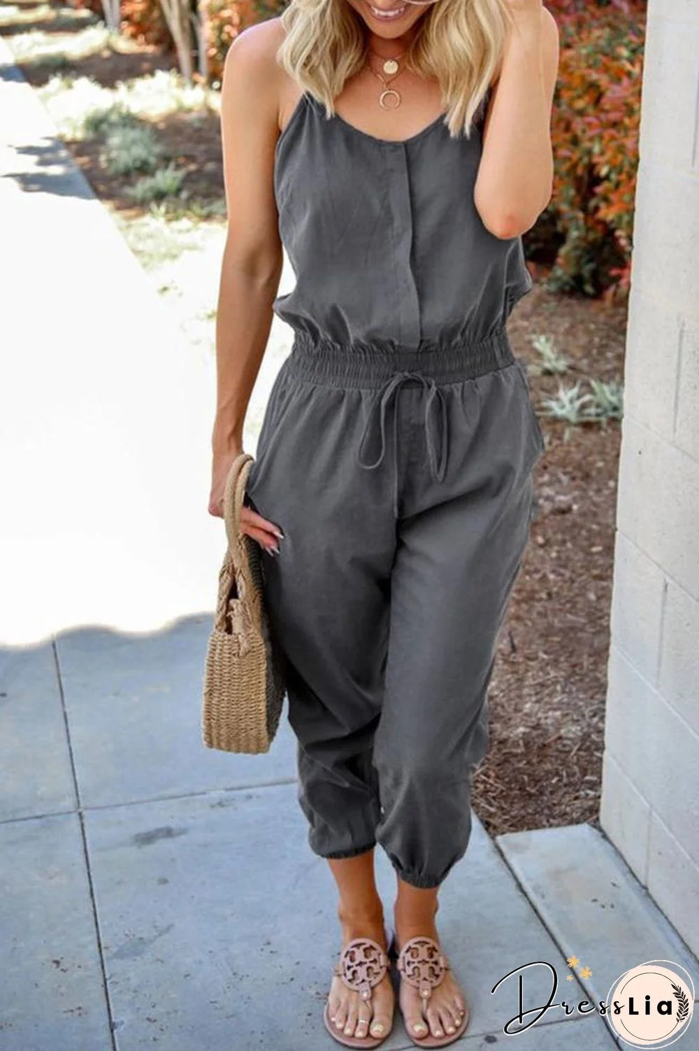 Spaghetti Straps Drawstring Waist Pocket Jumpsuit