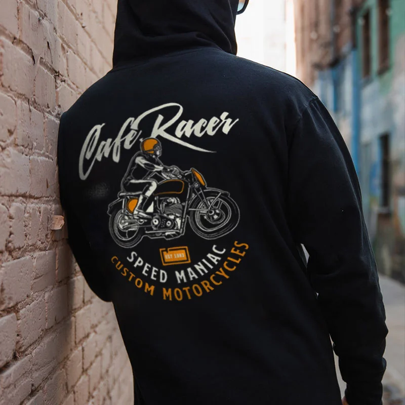 CAFE RACER Helmeted Man Riding Motorcycle Black Print Hoodie