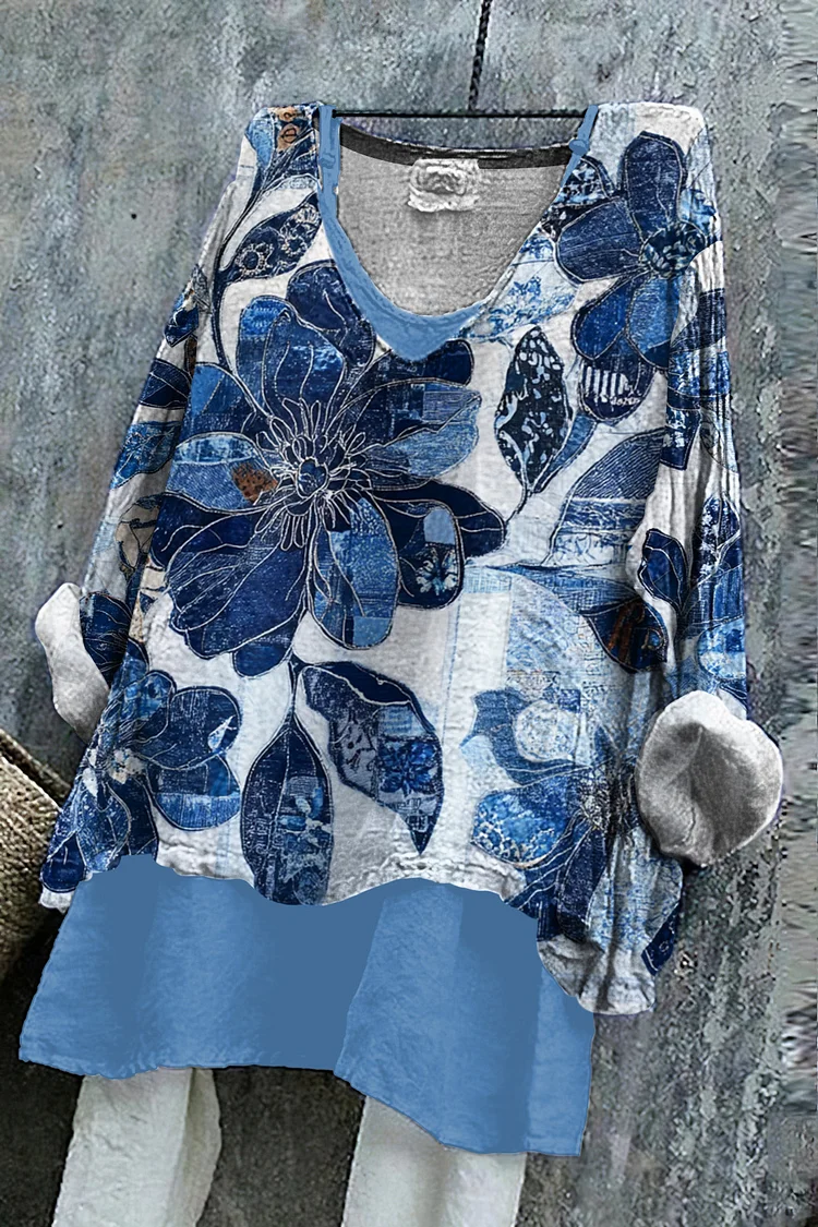 Simpfit Wunderschöne Paisley- und traditionelle japanische Patchwork-Blumenmuster, Denim-Textilkunst Nachahmung aus Baumwolle und Leinentunika
