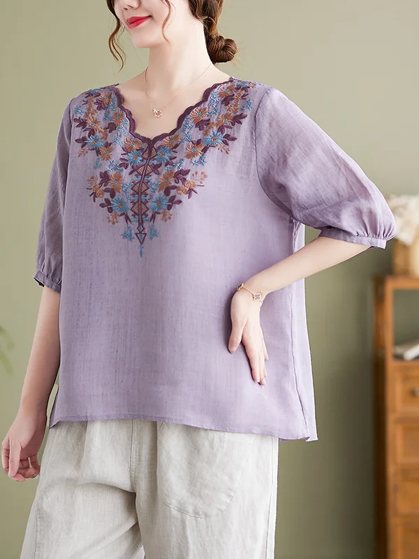 New Style Retro Loose Slimming V-Neck Embroidered Short Sleeve Top
