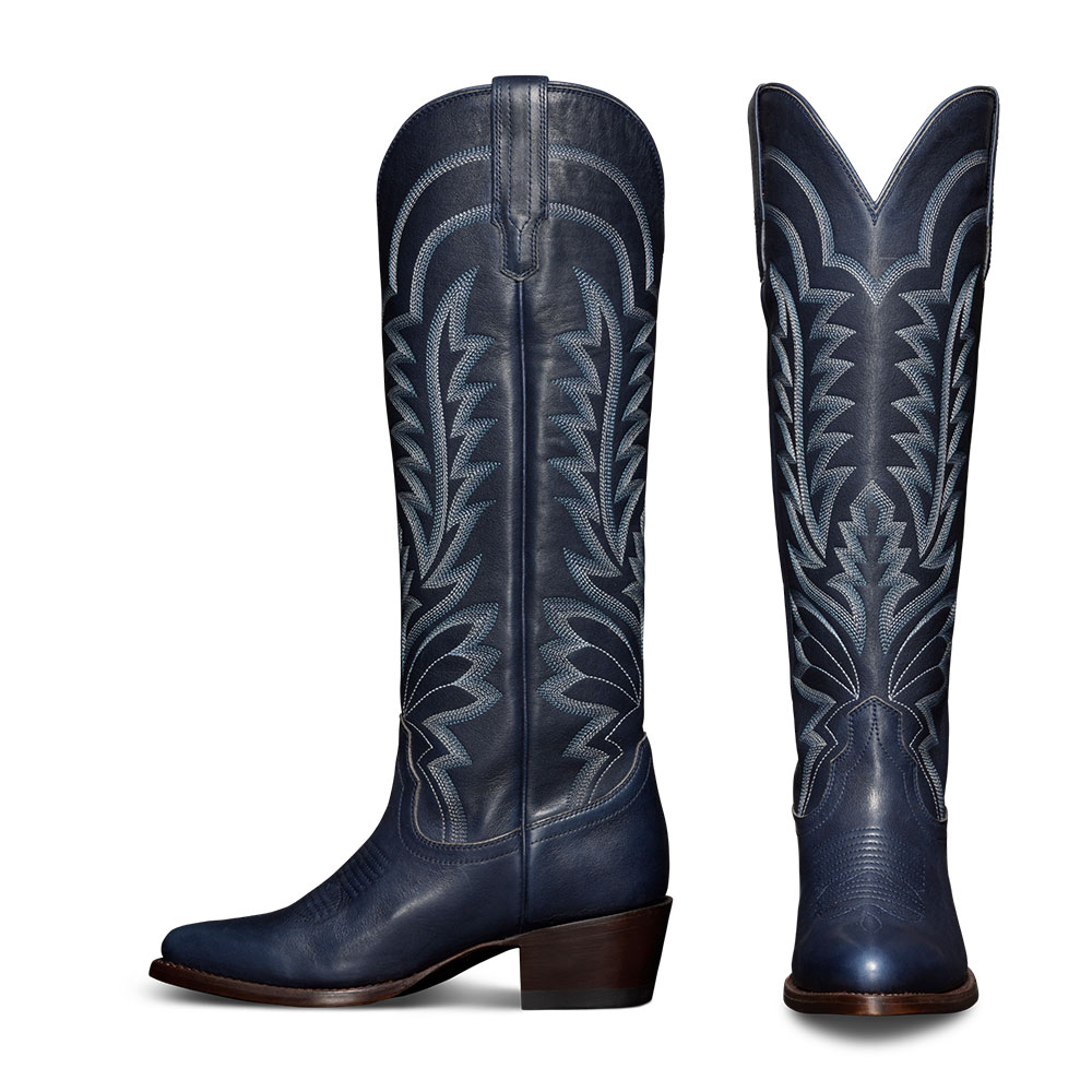 Navy Pointed Toe Block Heel Embroidered Knee-High Cowgirl Boots Nicepairs