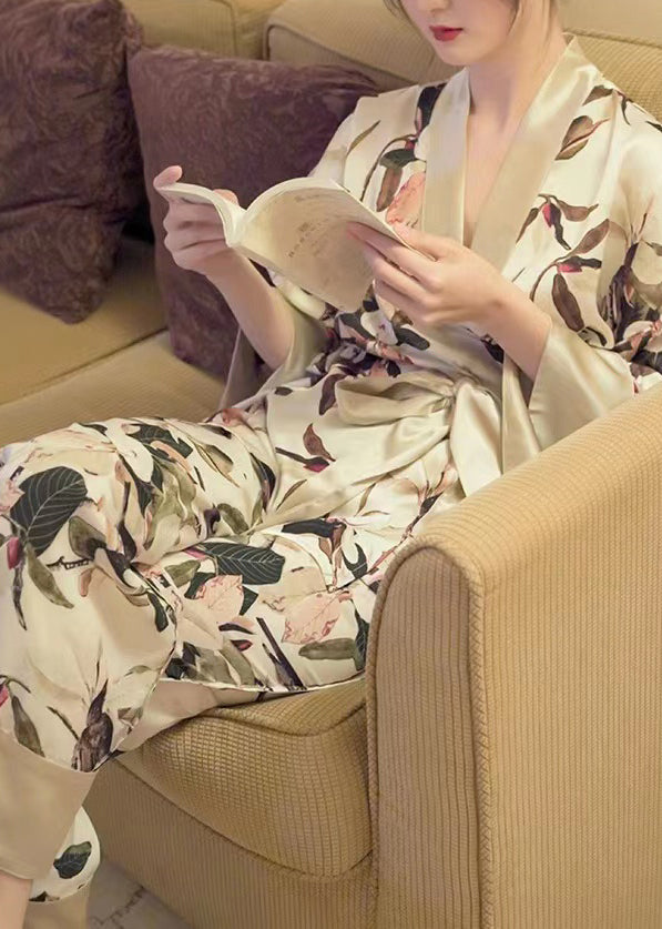 VCSHOES V Neck Print Tie Waist Ice Silk Pajamas Two Pieces Set Long Sleeve