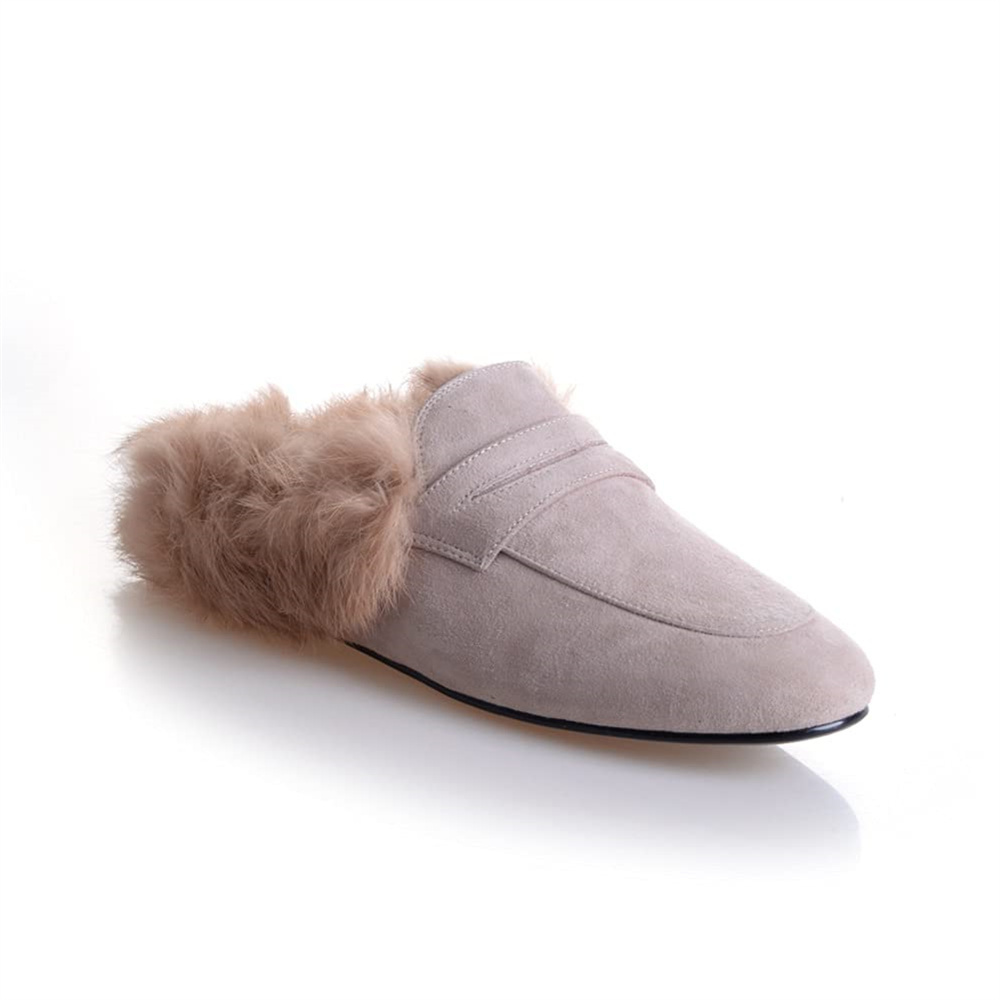 Backless Rabbit Fur Slippers Suede Mules Shoes-vocosishoes