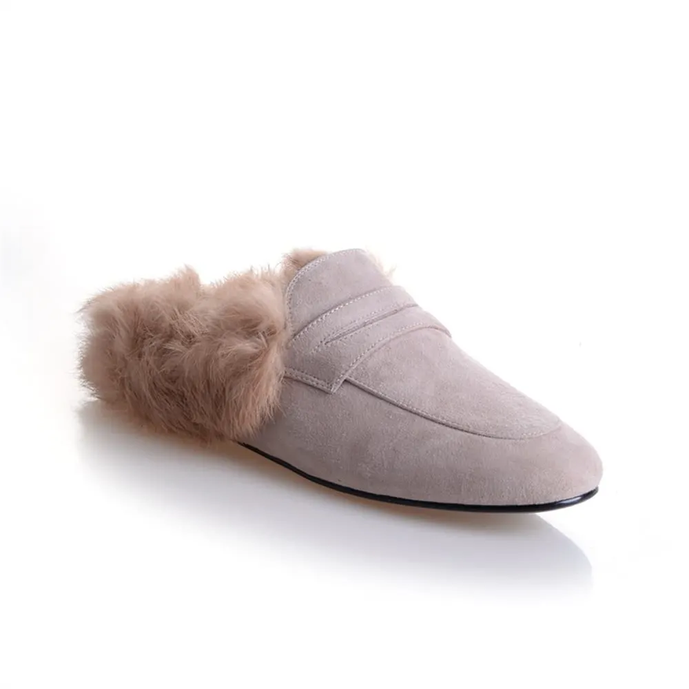 Backless Rabbit Fur Slippers Suede Mules Shoes-vocosishoes