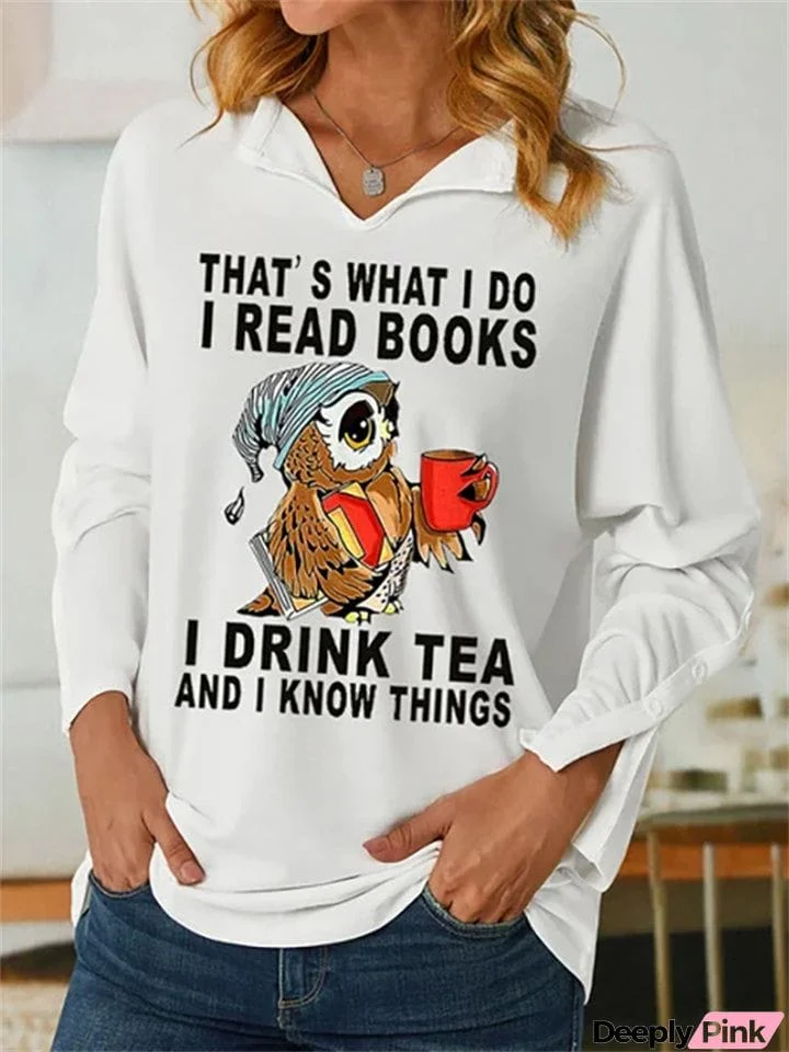 Women's Casual Long Sleeve Cute Owl Print V-neck Shirt