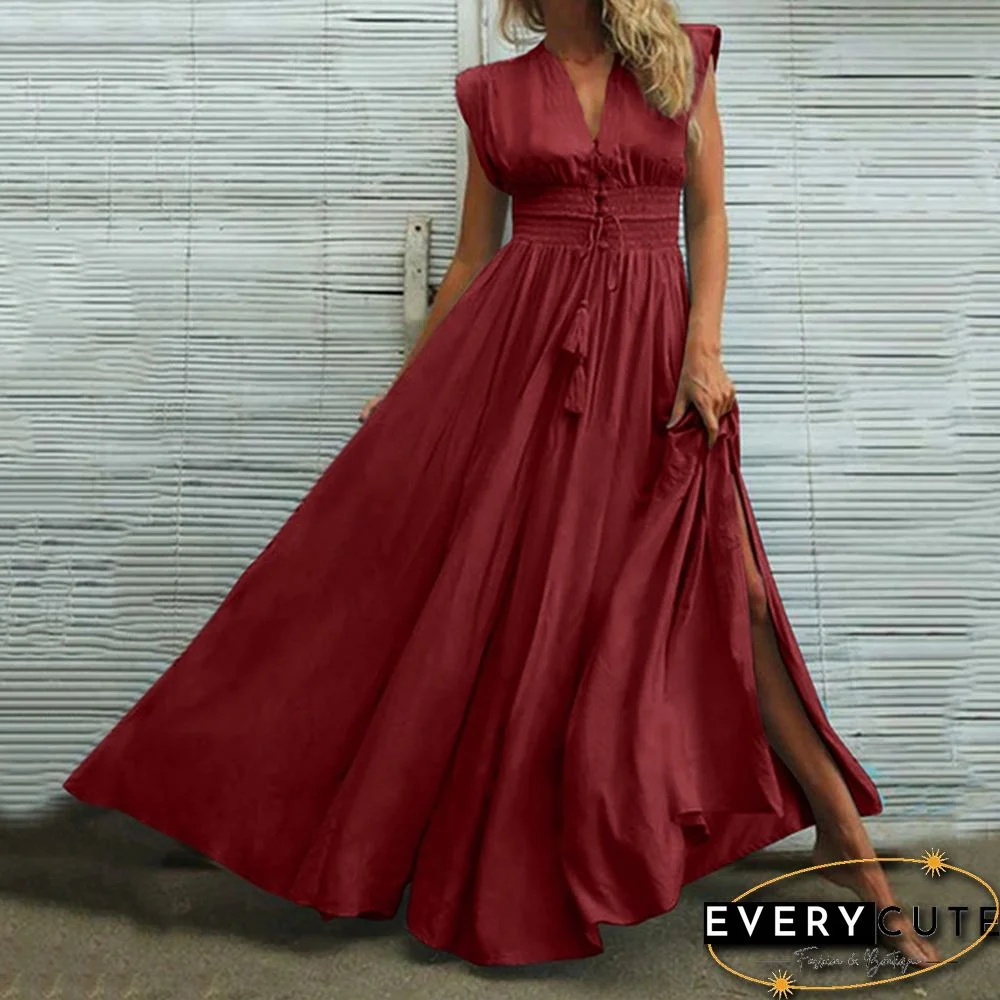 Oversized Retro Women Kaftan Solid Long Shirt Dress Sexy Party V Neck Bohemian Slit Hem Maxi Sundress