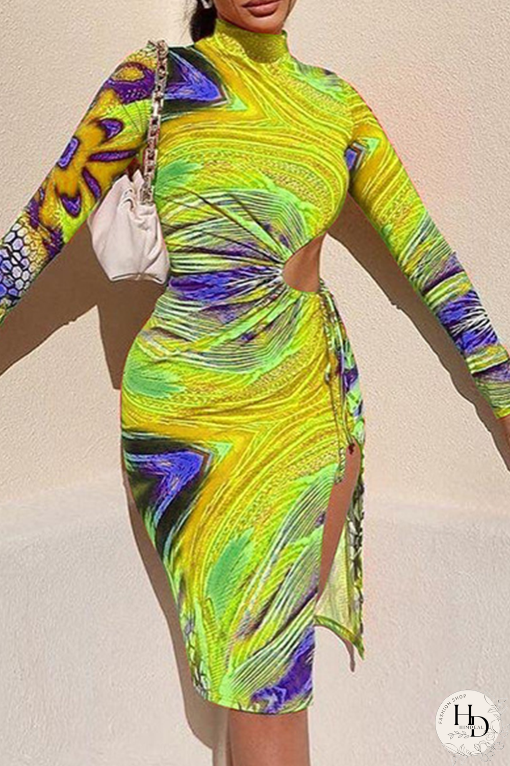 Tangerine Red Sexy Print Hollowed Out Half A Turtleneck Pencil Skirt Dresses