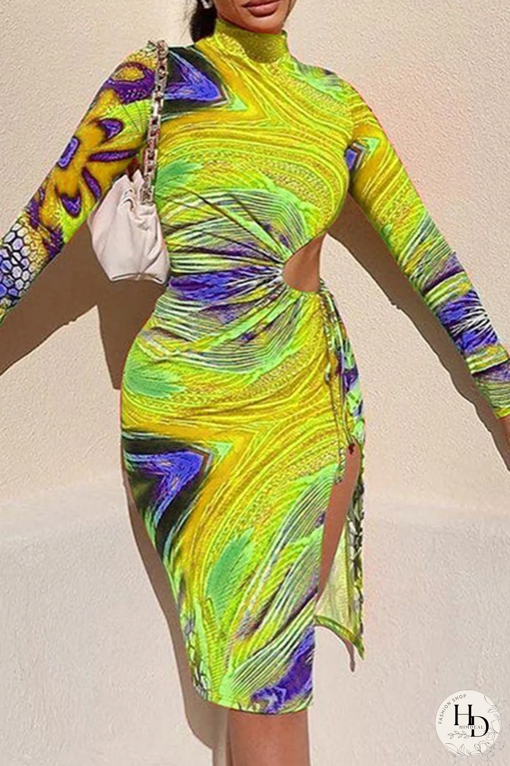 Tangerine Red Sexy Print Hollowed Out Half A Turtleneck Pencil Skirt Dresses