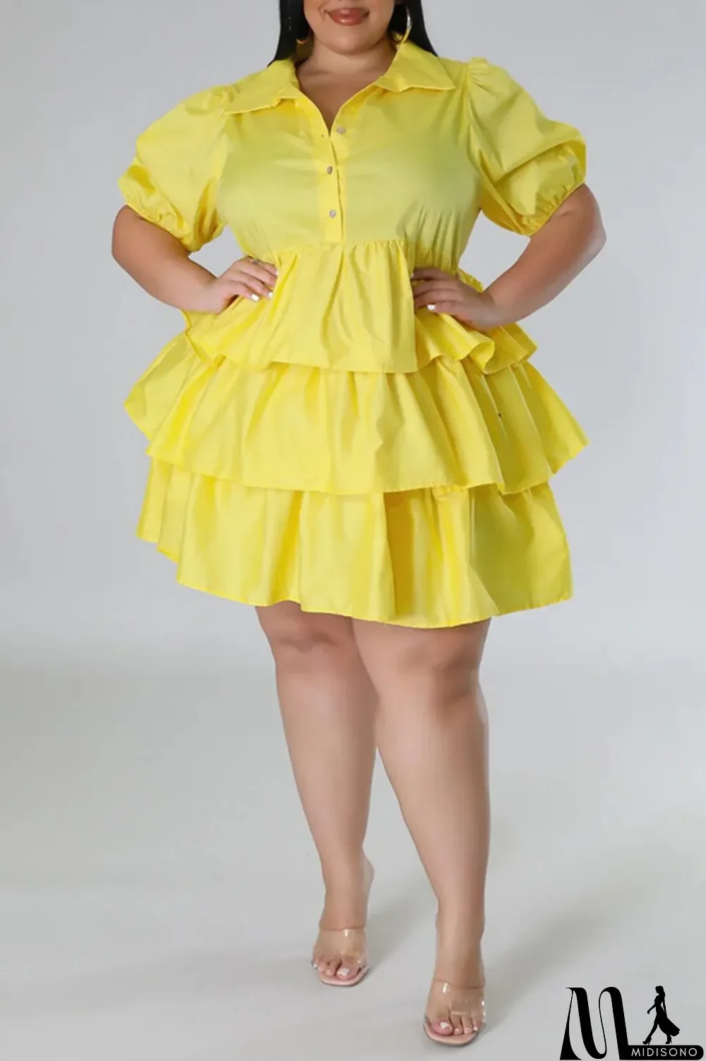 MidiSono - Light Blue Casual Solid Patchwork Turndown Collar Cake Skirt Plus Size Dresses