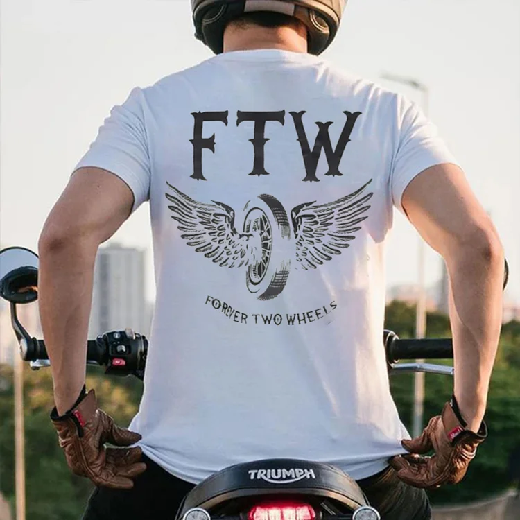 MOTOSUNNY FTW Wheel with Wings FOREVER TWO WHEELS Graphic White Print T-shirt 5979