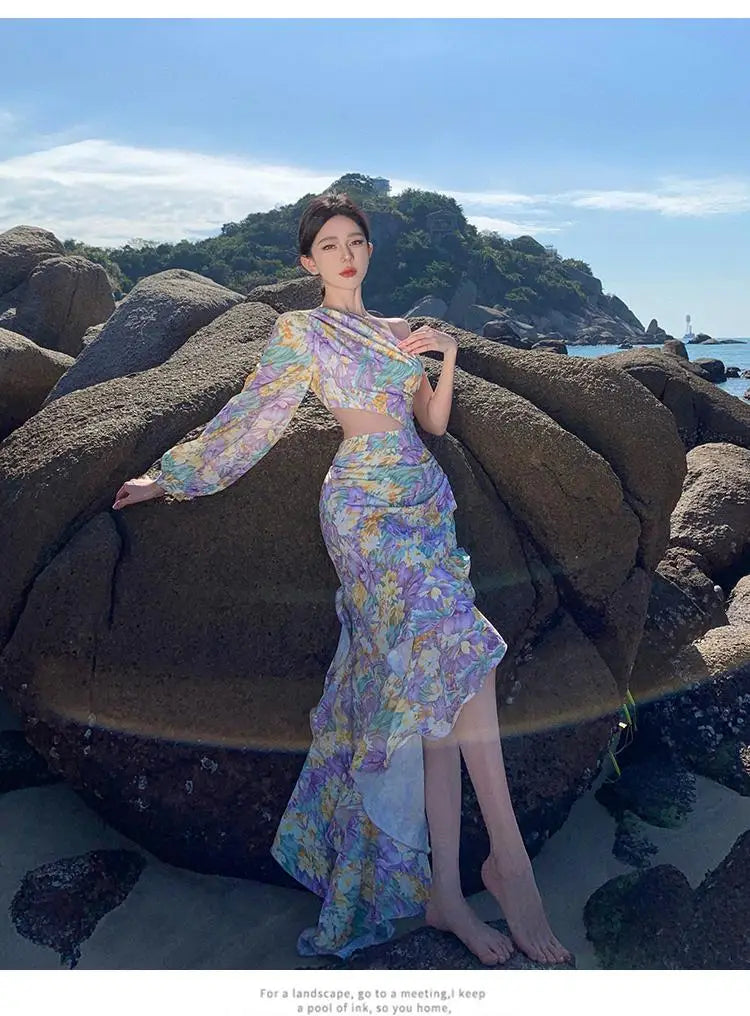 Aiertu Women Purple Print Sexy Club Slanted One Shoulder Slim Floral Ruffles Long Dress Summer Elegant Long Sleeve Party Evening Dress Aiertu