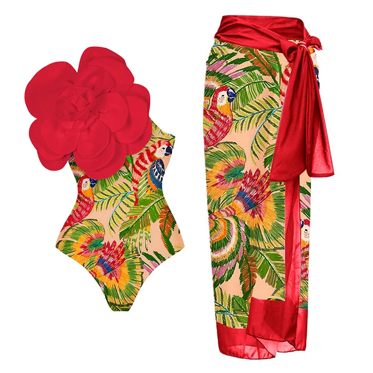 Vioye Exaggerated 3D Flower Printed One Piece Swimsuit and Sarong 