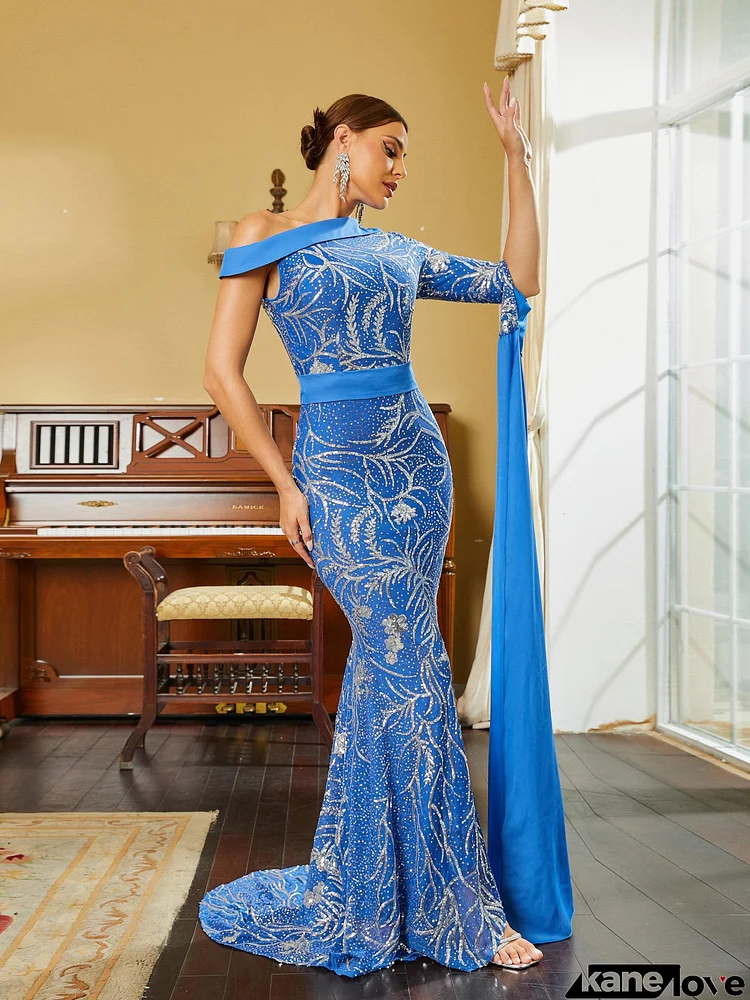 Mermaid Draped Sleeve Sequin Blue Evening Dress RM20331