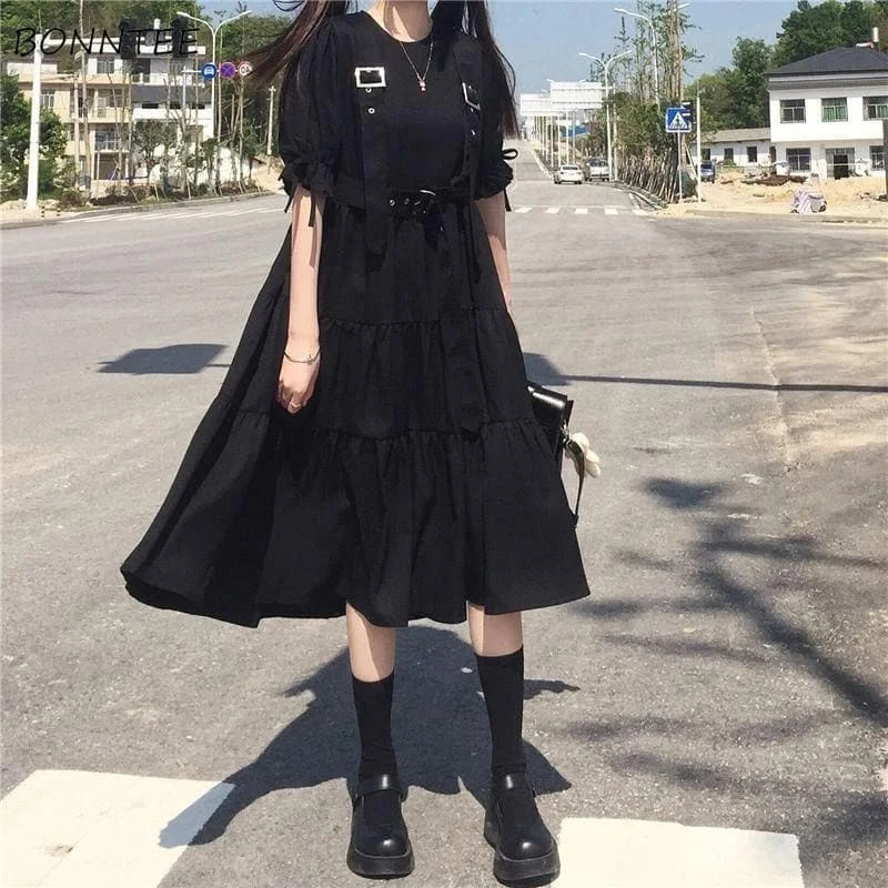 Cool Black Lace Up O-Neck Strap Midi Dress SP15717