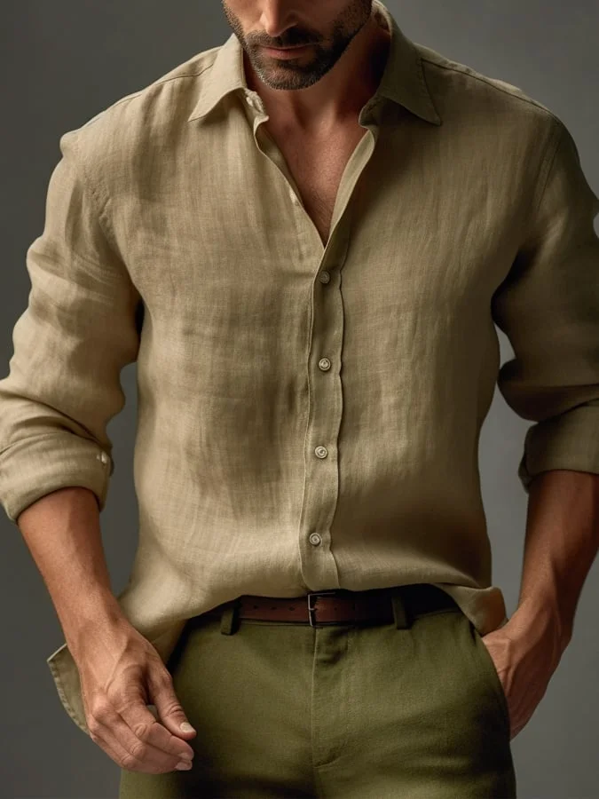 Men's Casual Simple Linen Lapel Pocket Shirt