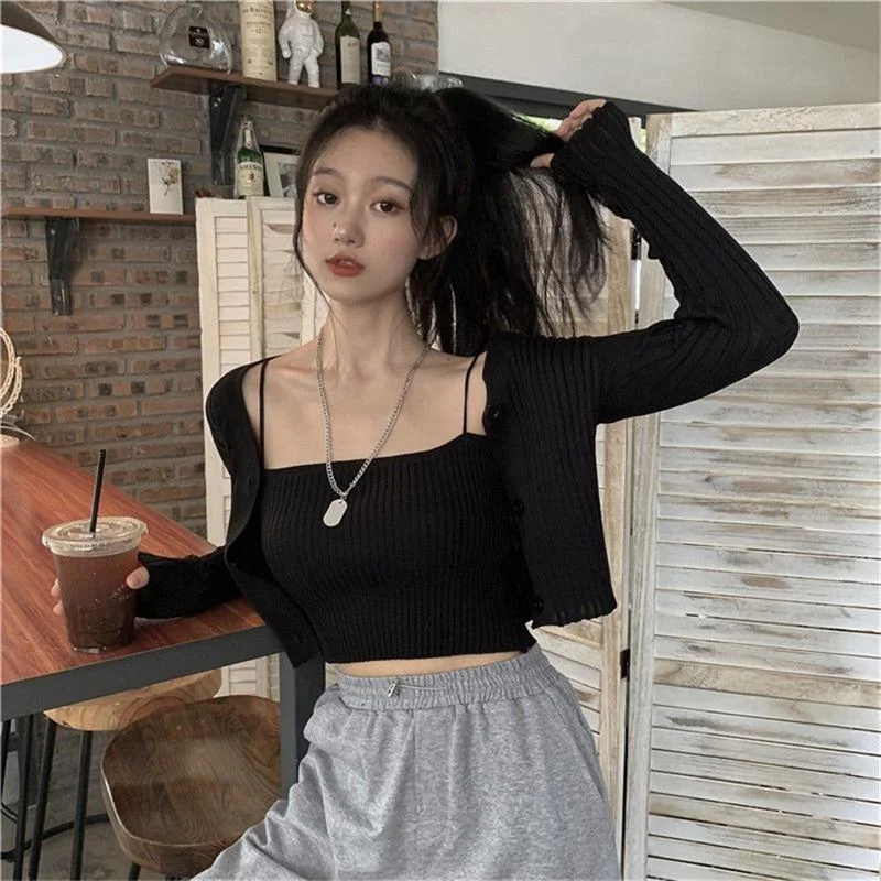 Korean Style Two Piece Set Cardigan Women  Autumn Candy Color Long Sleeve Ribbed Knitted Cropped Sweater and Matching Vest