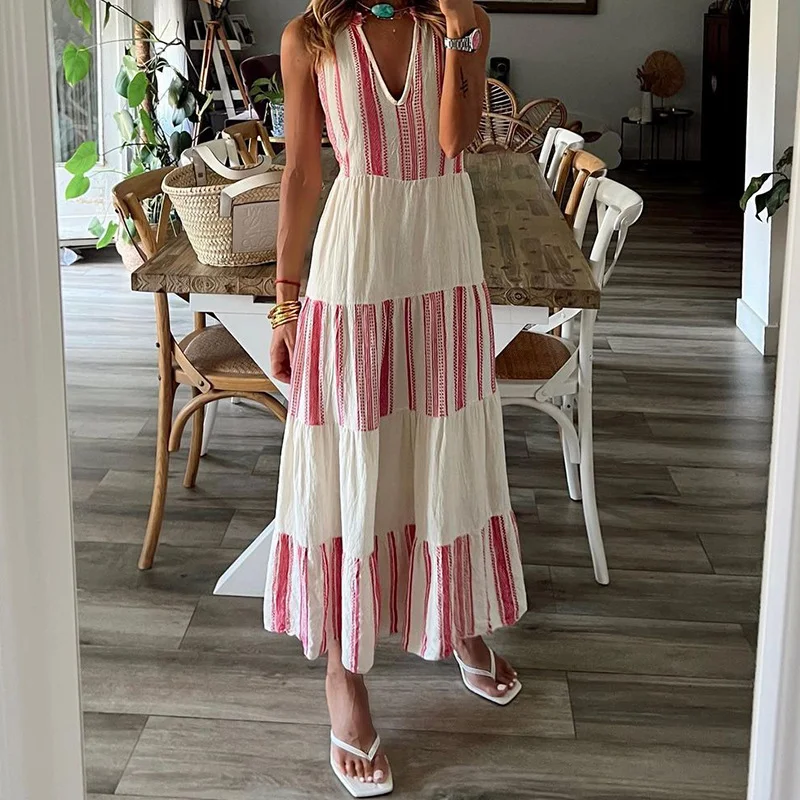Woherb Woherb Spot 2024 Summer New Women's Fashion Striped Print V-Neck Sleeveless Medium Long Dress-Outfit Ideas