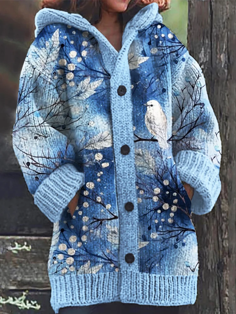 Christmas Bird Pattern Women's Hooded Sweater Cardigan