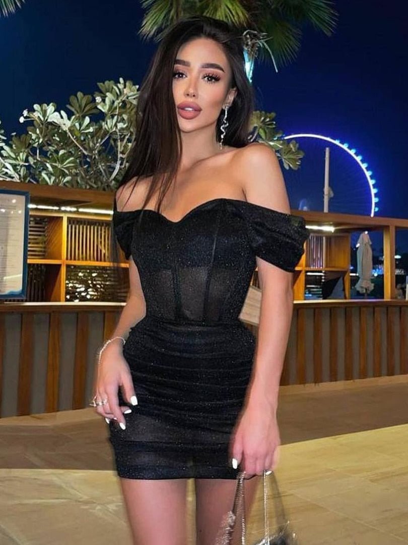 Dulzura Bling Glitter Women Short Sleeve Off Shoulder Corset Mini Dress Ruched Bodycon Sexy Party Elegant Festival 2021 Evening