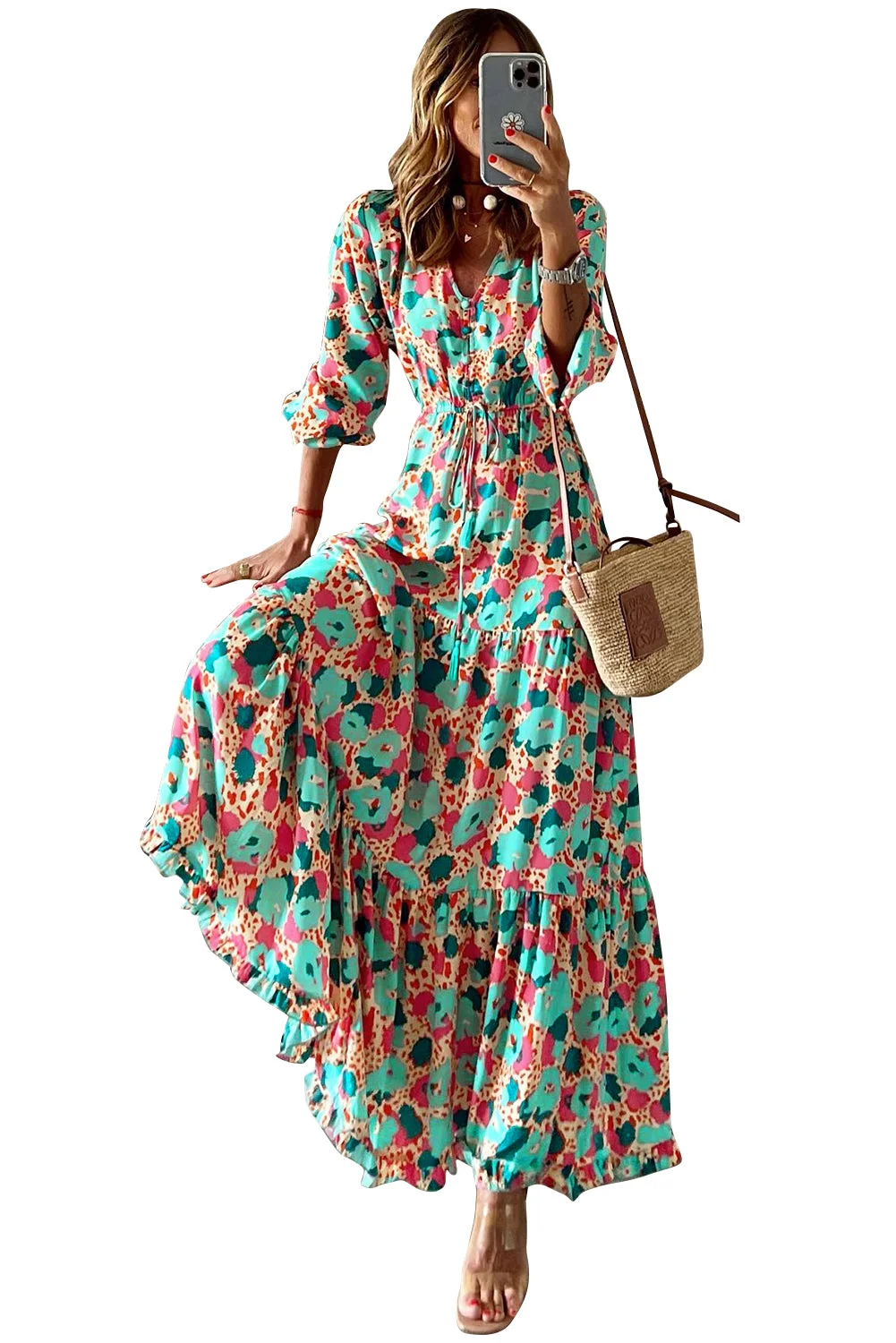 Women Multicolor Bohemia Print V Neck Ruffle Long Sleeve Maxi Dress