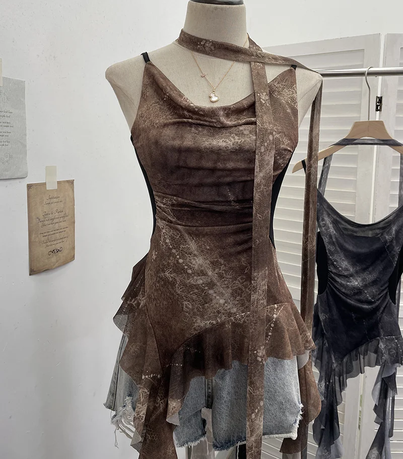 Uveng Vietnamese Niche Hot Girls Unristered Ribbon Vest Repair Hanging Neck Short Sling 8017