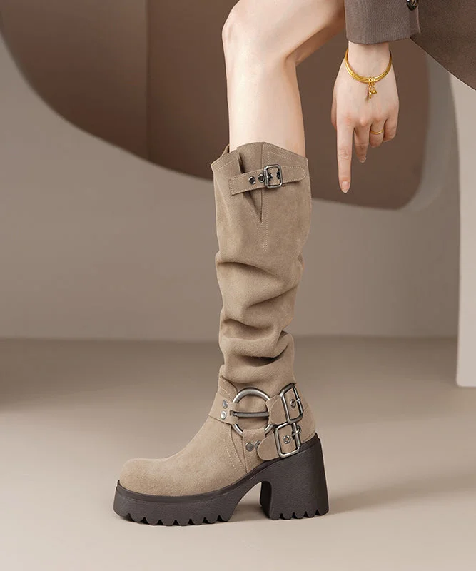 Boutique Camel Belt Buckle Chunky Heel Boots Suede