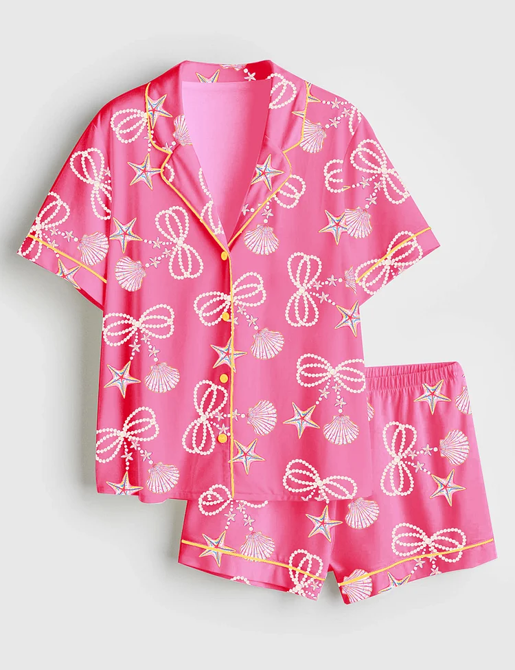 Women&rsquo;s Coquette Pearl Bow Summer Vibes Pink Clam Summer Beach Print Short Sleeve Satin Pajama Set