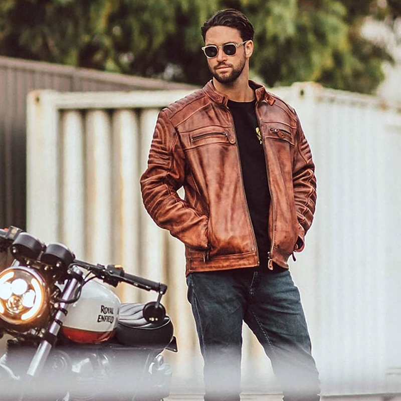 Mens Biker Brown Genuine Leather Jacket