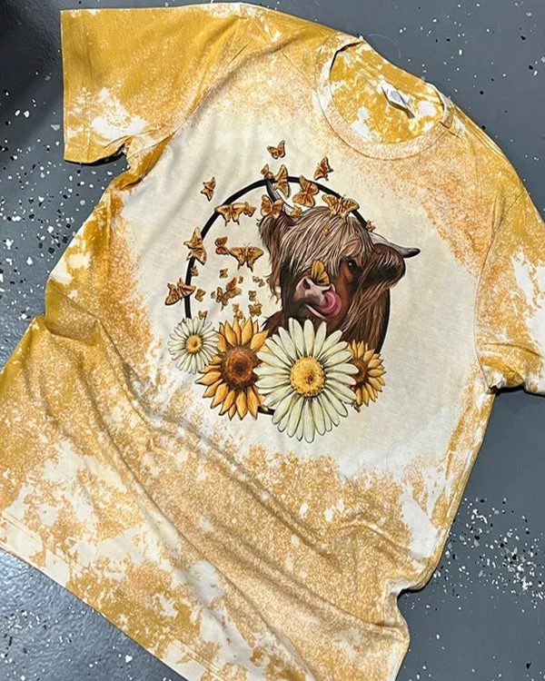 Highland Cow Sunflowers Bleached T-Shirt