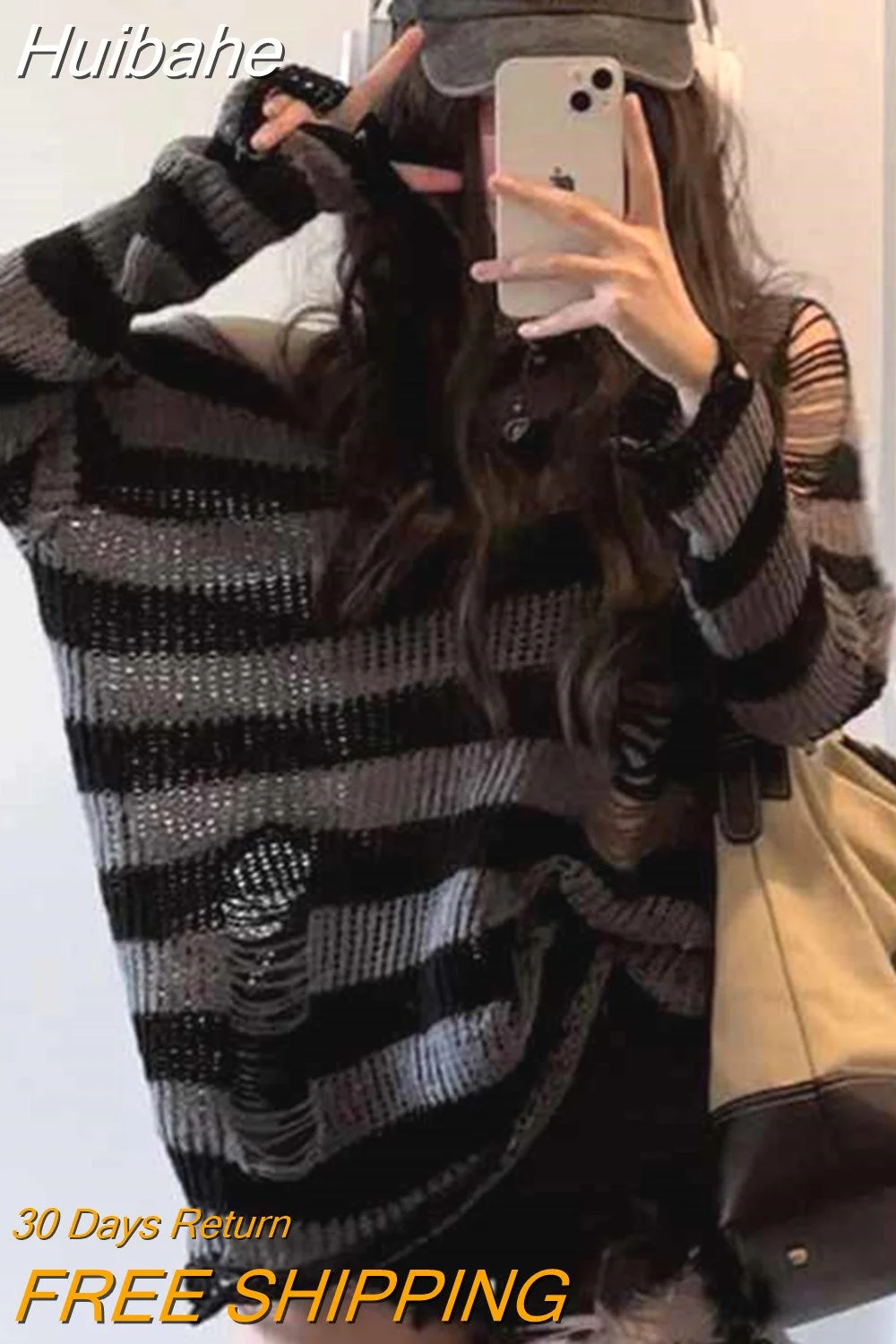 Huibahe Gothic Streetwear Striped Knitted Sweater Women Harajuku Punk Hollow Out Jumper Hole Loose All-match Tops Grunge E-girl