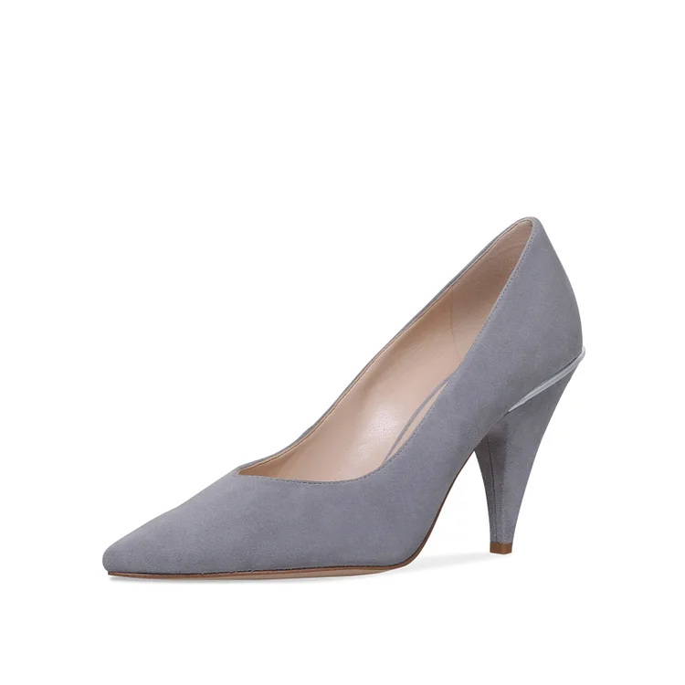 Grey Vegan Suede Pointed Toe 3 Inch Cone Heel Pumps Shoes |FSJ Shoes