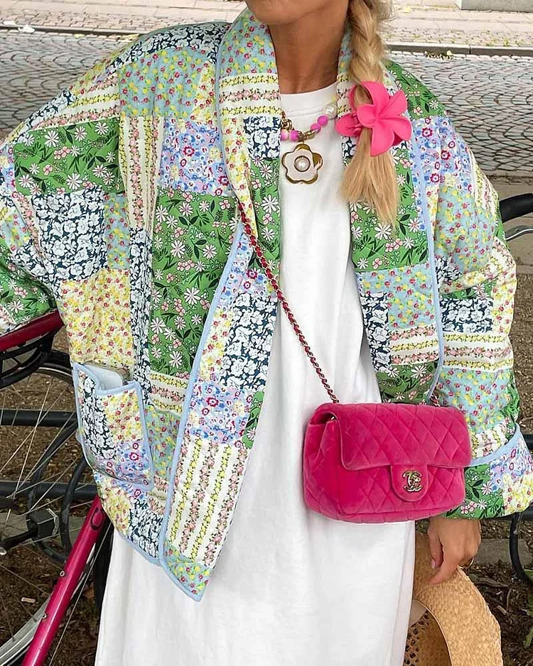 Floral Multi-Color Patchwork Casual Puffer Jacket
