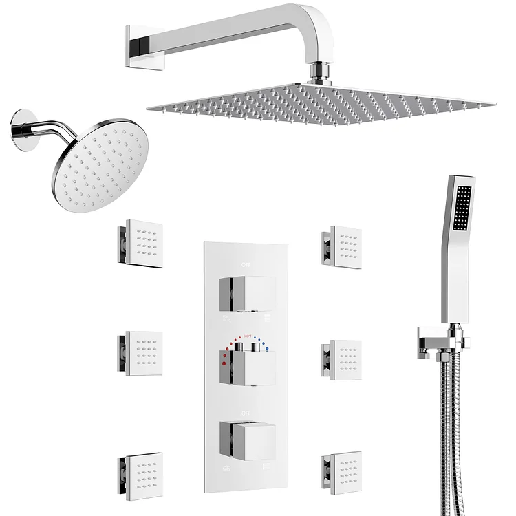 EVERSTEIN 12" Thermostatic Shower System with Handheld & 6 Body Jets, Chrome