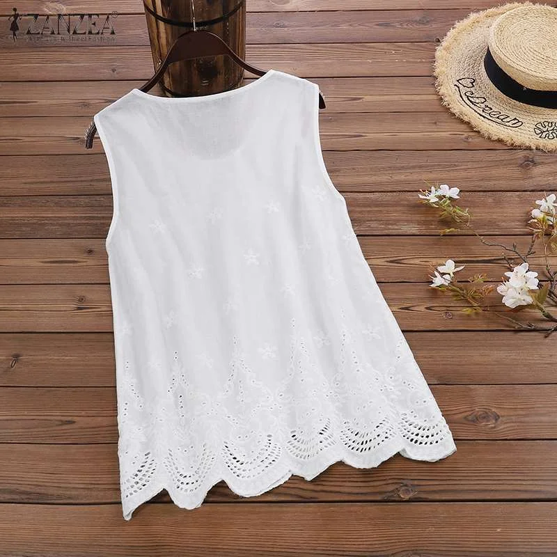 Women Tanks Tops ZANZEA Summer Sleeveless Cotton Linen Blouse Hollow Out Shirt Vintage Embroidery Tops Female Solid Blusas