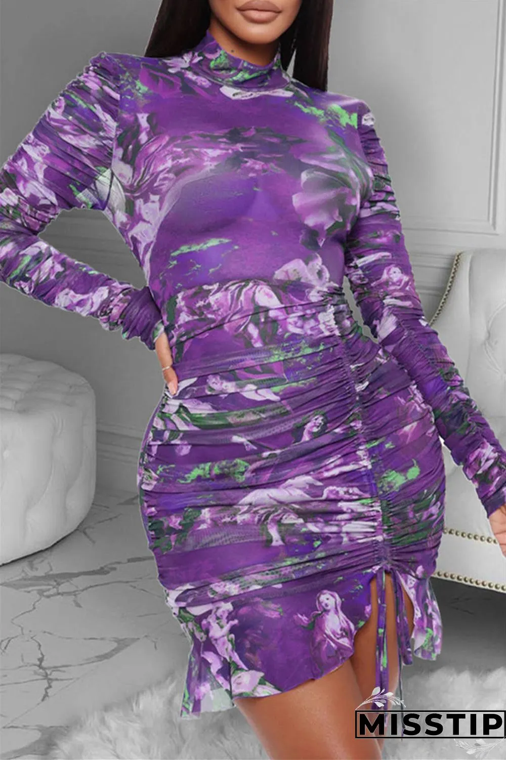 Blue Sexy Sleeve Long Sleeve Half A Turtleneck Asymmetrical Mini Print Dresses