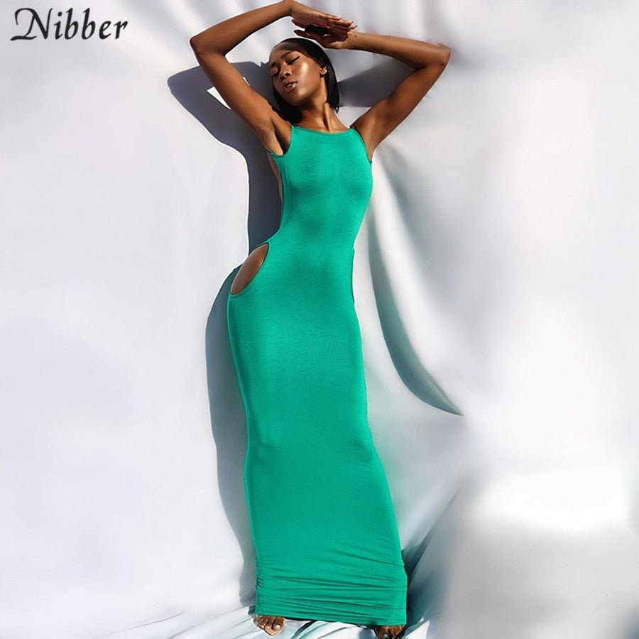 Nibber 2021 Sleeveless Backless Solid Hollow Out Maxi Dress Sexy Long Summer Women‘s’ Clothing Streetwear Outfits Y2K Club Dress