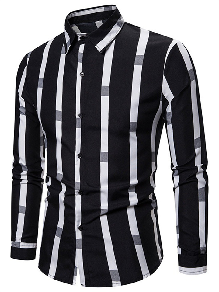 Men's Shirts Men's Long-sleeved Striped Shirt Lapel Loose Casual Shirt