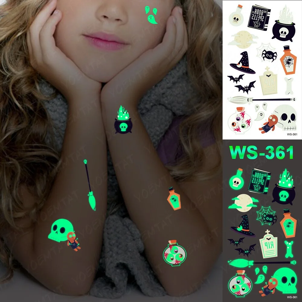 Halloween Party Cartoon Magic book witch Luminous night Tattoo Stickers Elf Ghost Temporary Waterproof Glitter Body Art For Kid