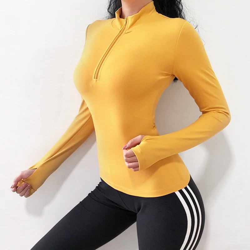 SVOKOR Zipper Women Long Sleeve Running Shirts Sexy T-shirts Solid Sport Shirts Quick Dry Fitness Gym Tops