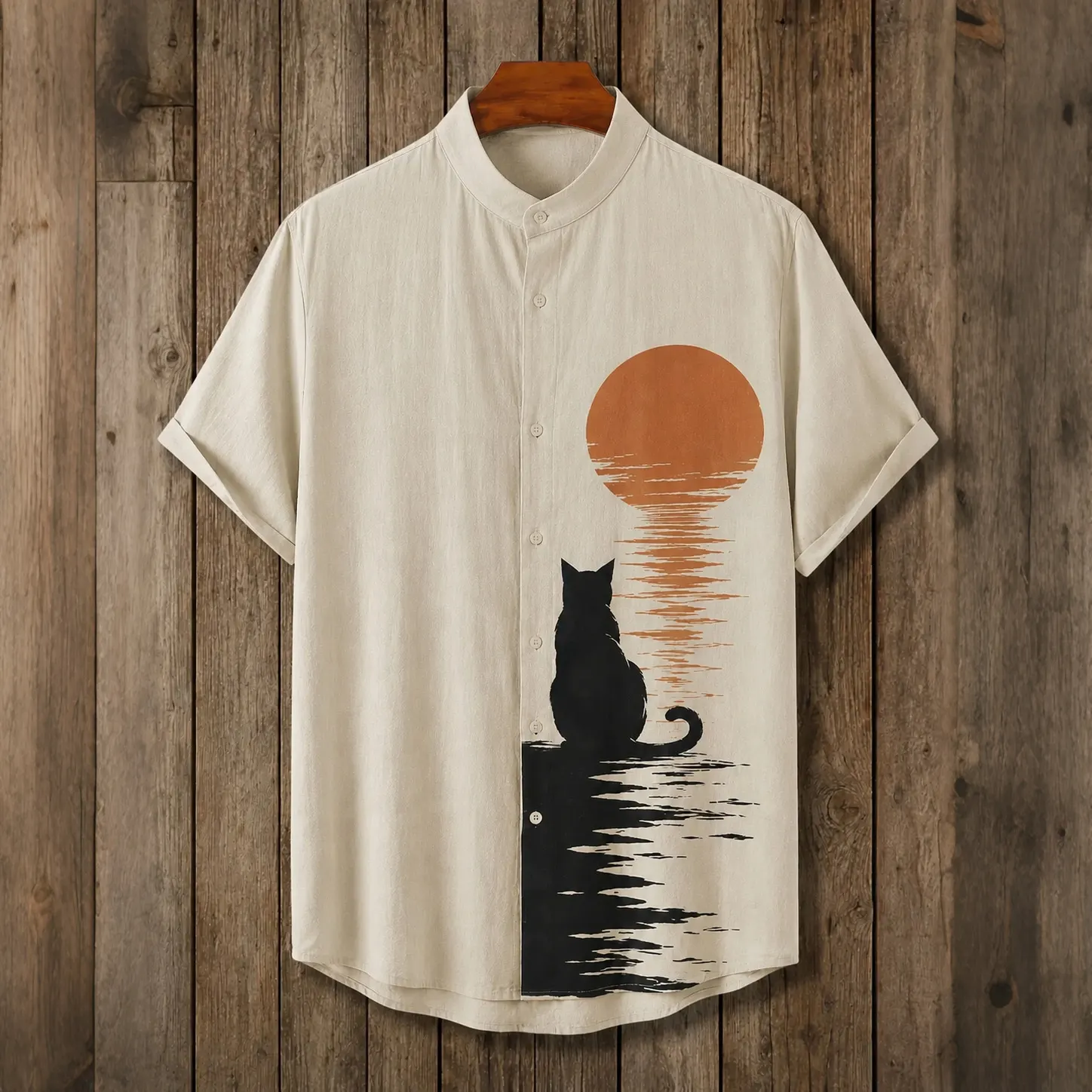 Men's Retro Black Cat And Red Sun Art Short-sleeve Shirt  artssus